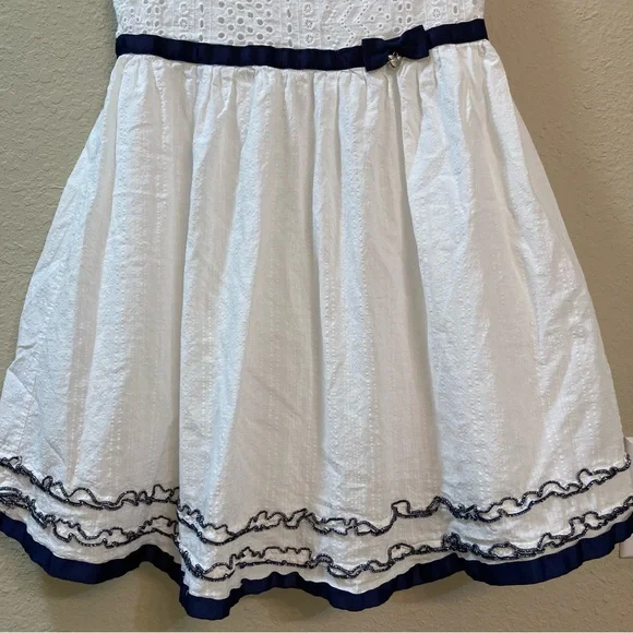 Kuyee Bear White Eyelet Girl’s Dress Navy Trim Size 140/57 Cottagecore Coquette - Picture 6 of 8